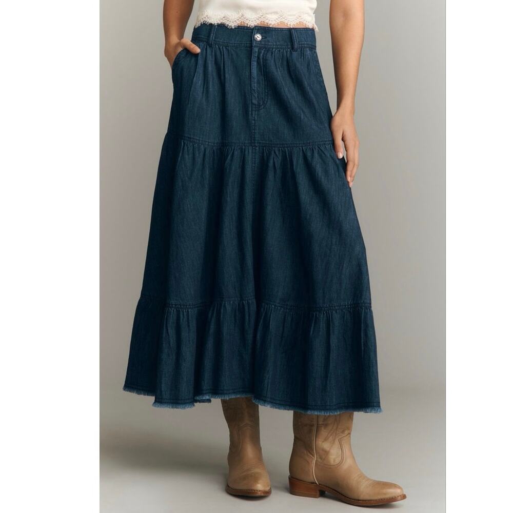 Pilcro Anthropologie Tiered Denim Midi Skirt Women’s Large Dark Wash Cotton Boho